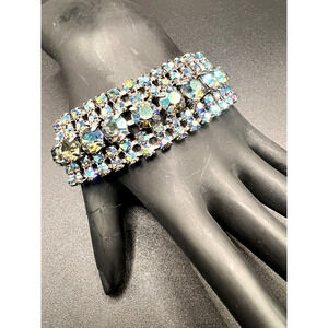 Vtg MCM Watermelon Wide AB Rhinestone Bling Bracelet w/ Safety Chain Silver Pltd